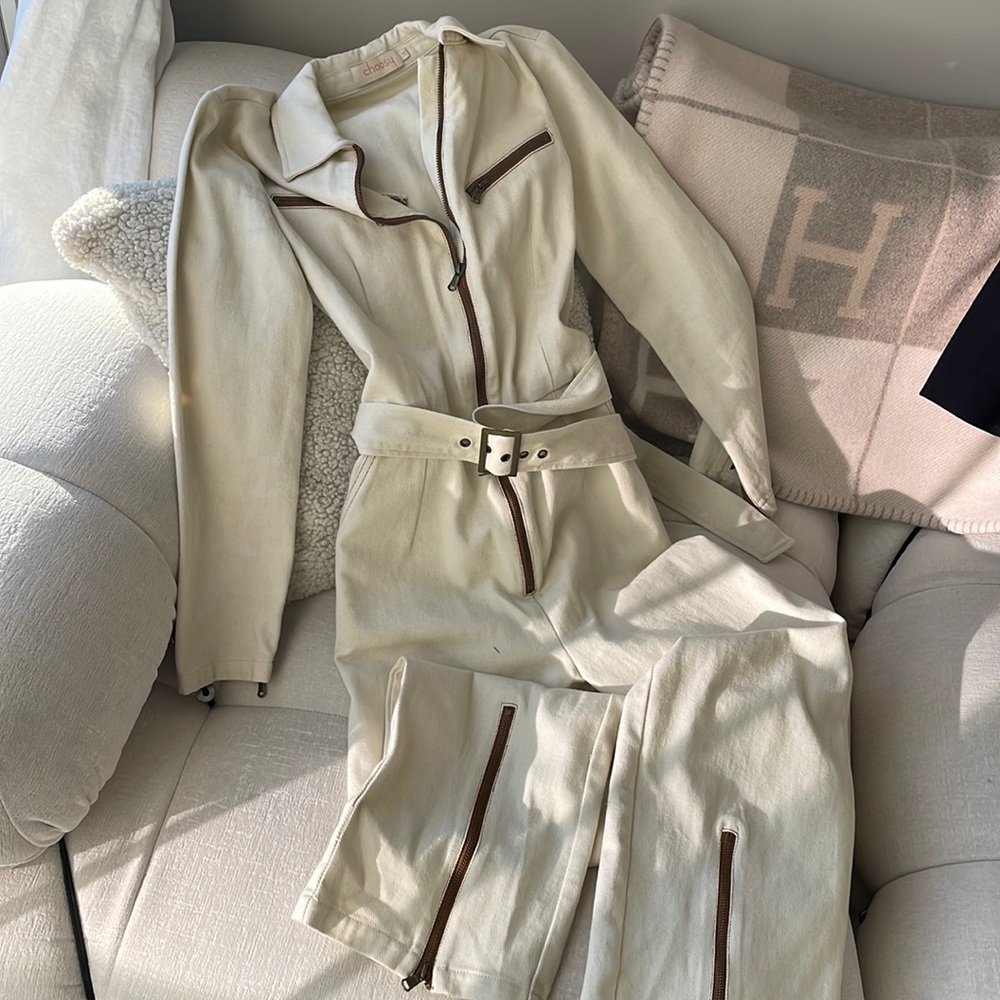 Women's Cream Zipper Jumpsuit with Belt